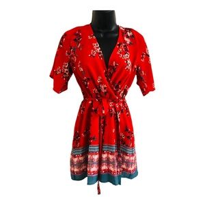 Trixxi red floral wrap front open‎ back cutout belted short romper size medium